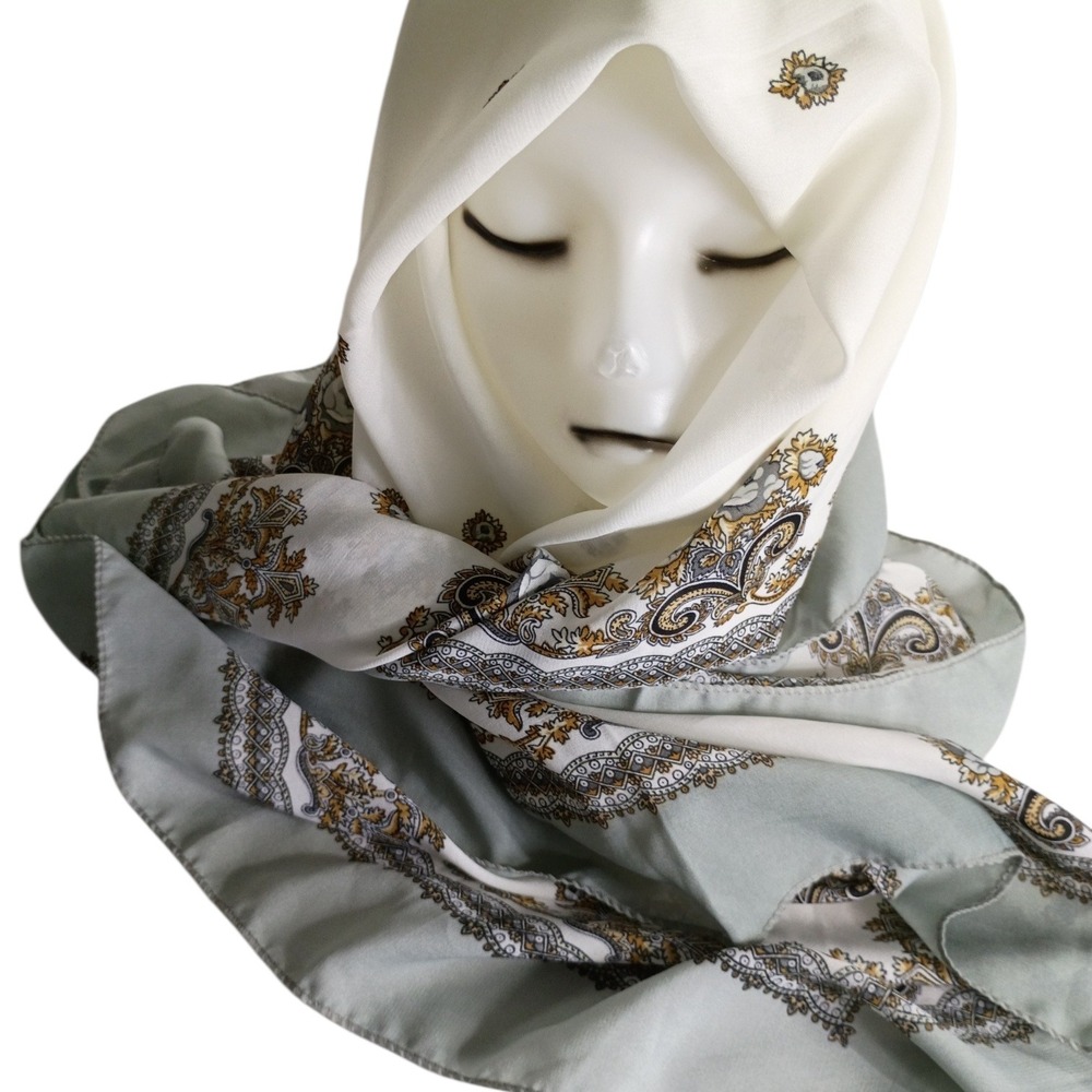 ASB Scarf Sage Green Cream Paisley Silk Cotton Rayon Square Hijab Headscarf 43in